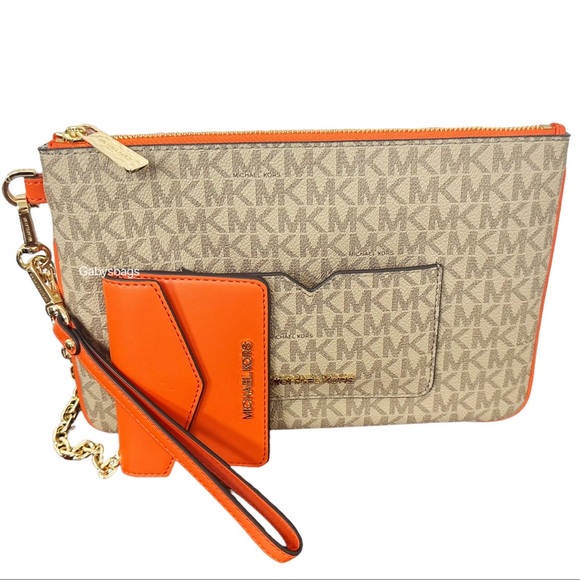 Michael Kors Jet Set Large 2 In 1 Card Case Wristlet Clutch Poppy Orange MK - Picture 3 of 6